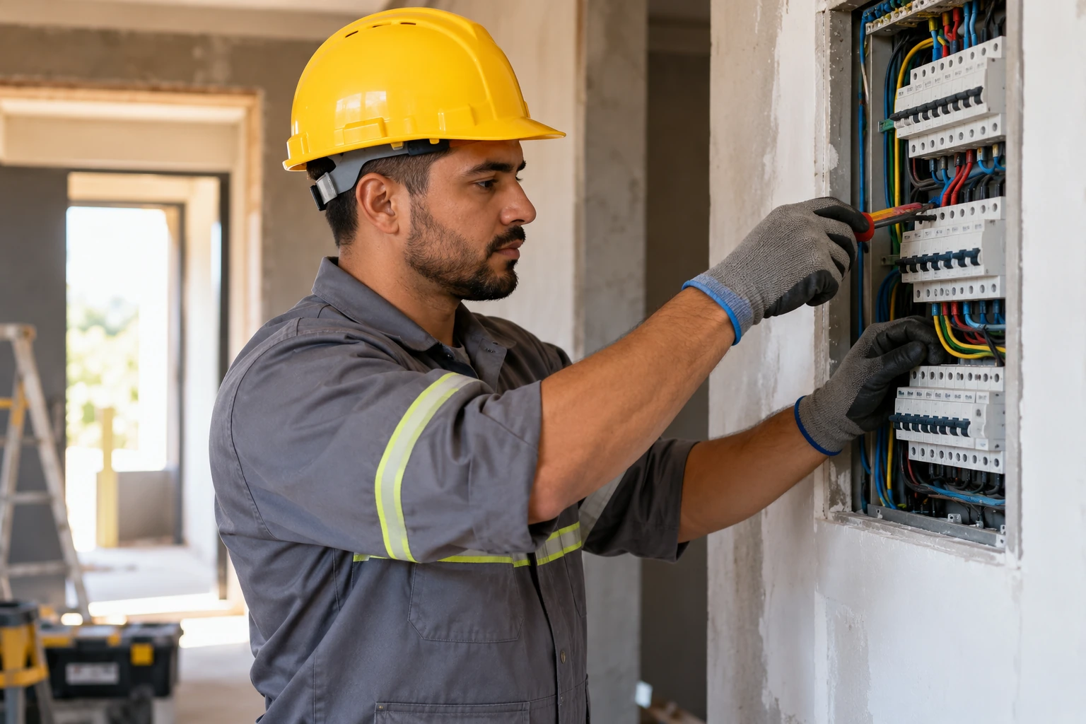 Eletricista trabalhando em quadro elétrico